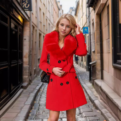 Women's elegant trench coat with faux fur collar and waist belt NOVAE