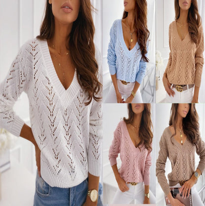 Women's knitted sweater with V-neck and artistic openwork patterns NOVAE