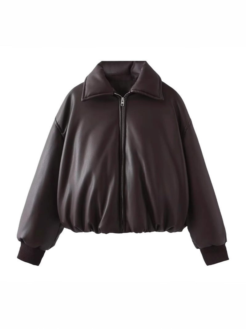 Women's casual faux leather jacket with a voluminous cut and practical pockets NOVAE