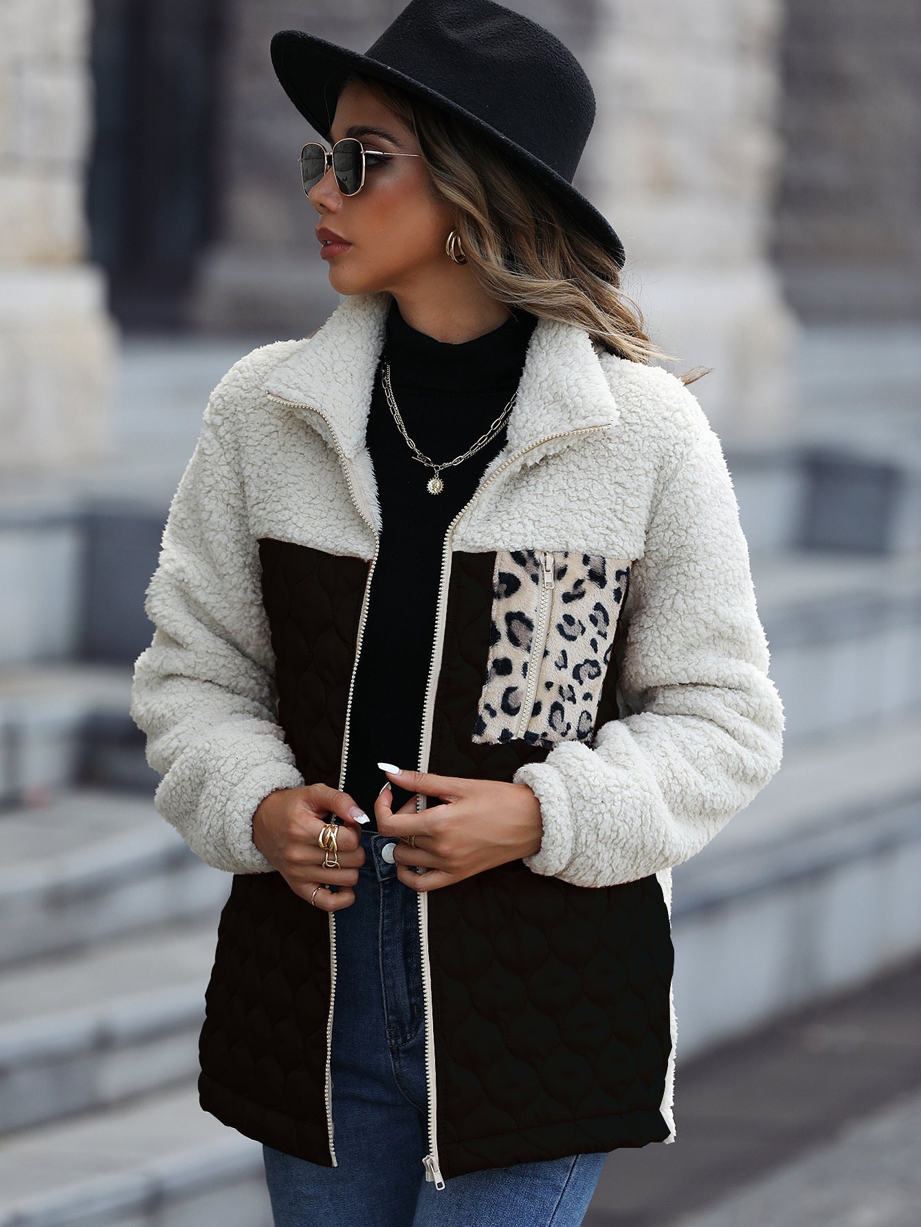 Women's fleece jacket with modern patchwork details and animal print NOVAE