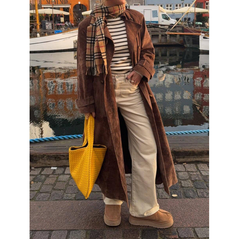 Women's elegant long trench coat made of high-quality suede NOVAE