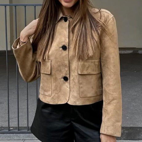 Women's fashionable suede jacket with practical pockets NOVAE