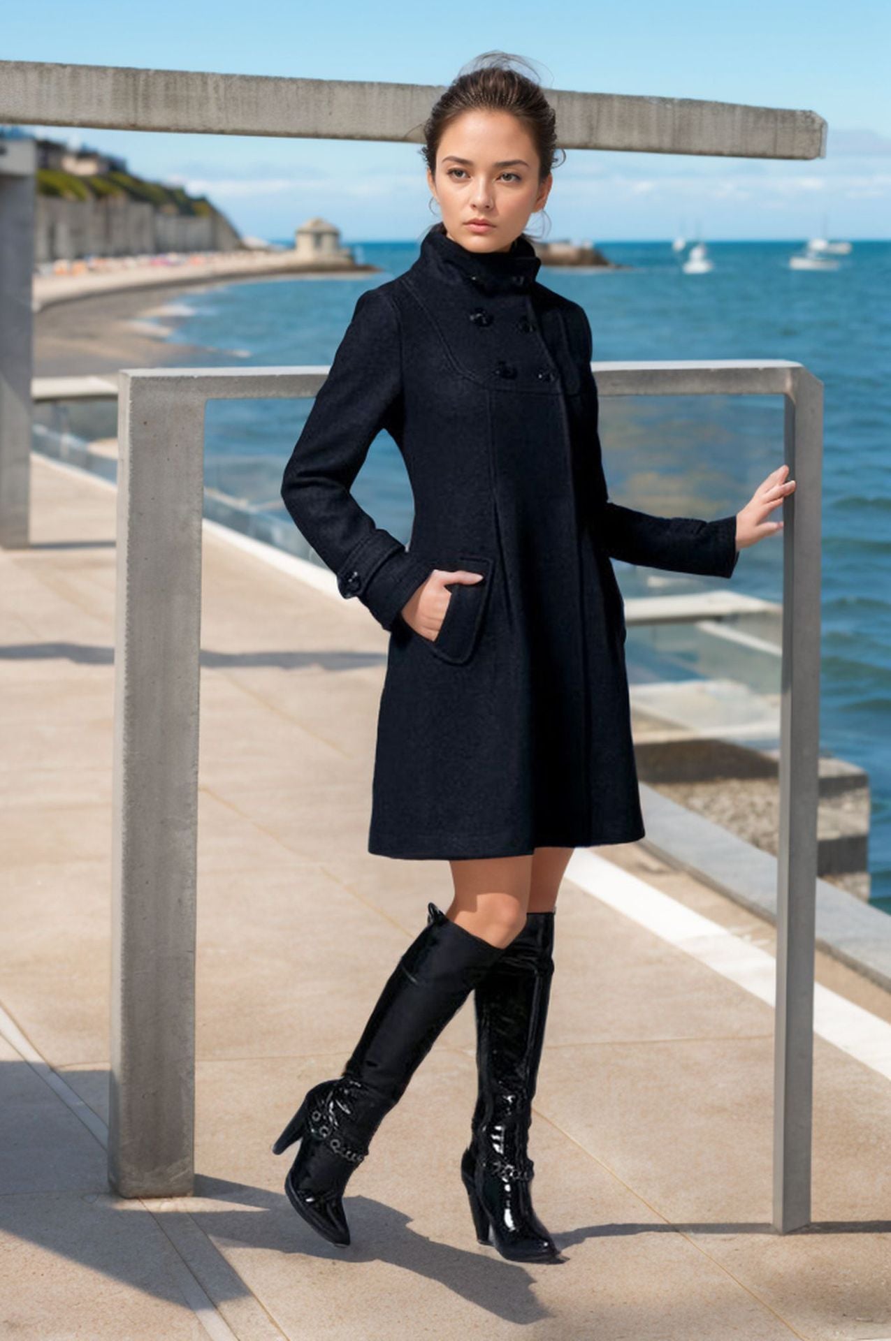 Women's elegant coat with high collar and functional pockets NOVAE
