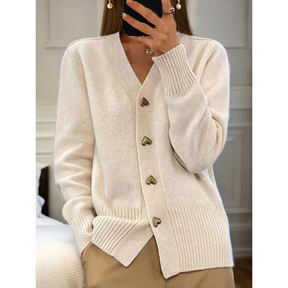 Women's cozy cardigan with heart buttons and V-neck NOVAE