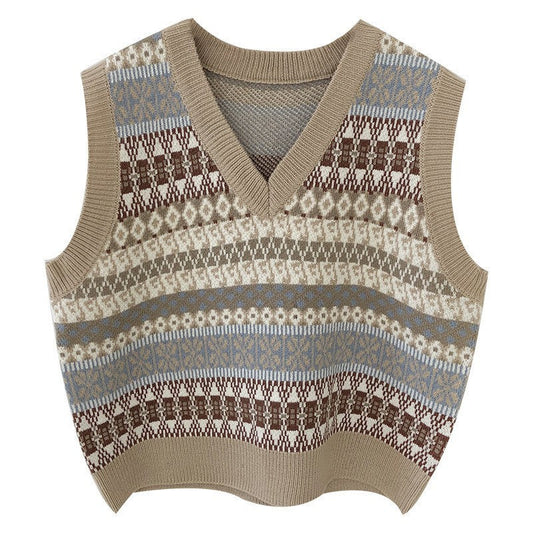 Women's sleeveless knitted vest with V-neck and pattern NOVAE