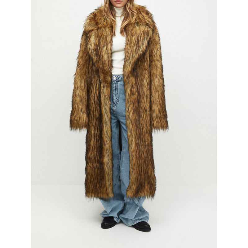 Women's luxury faux fur coat with wide lapel and adjustable belt NOVAE