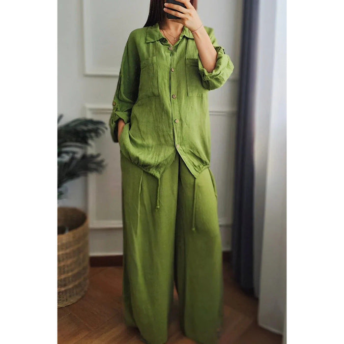 Women's linen set with wide-leg trousers and casual blouse NOVAE