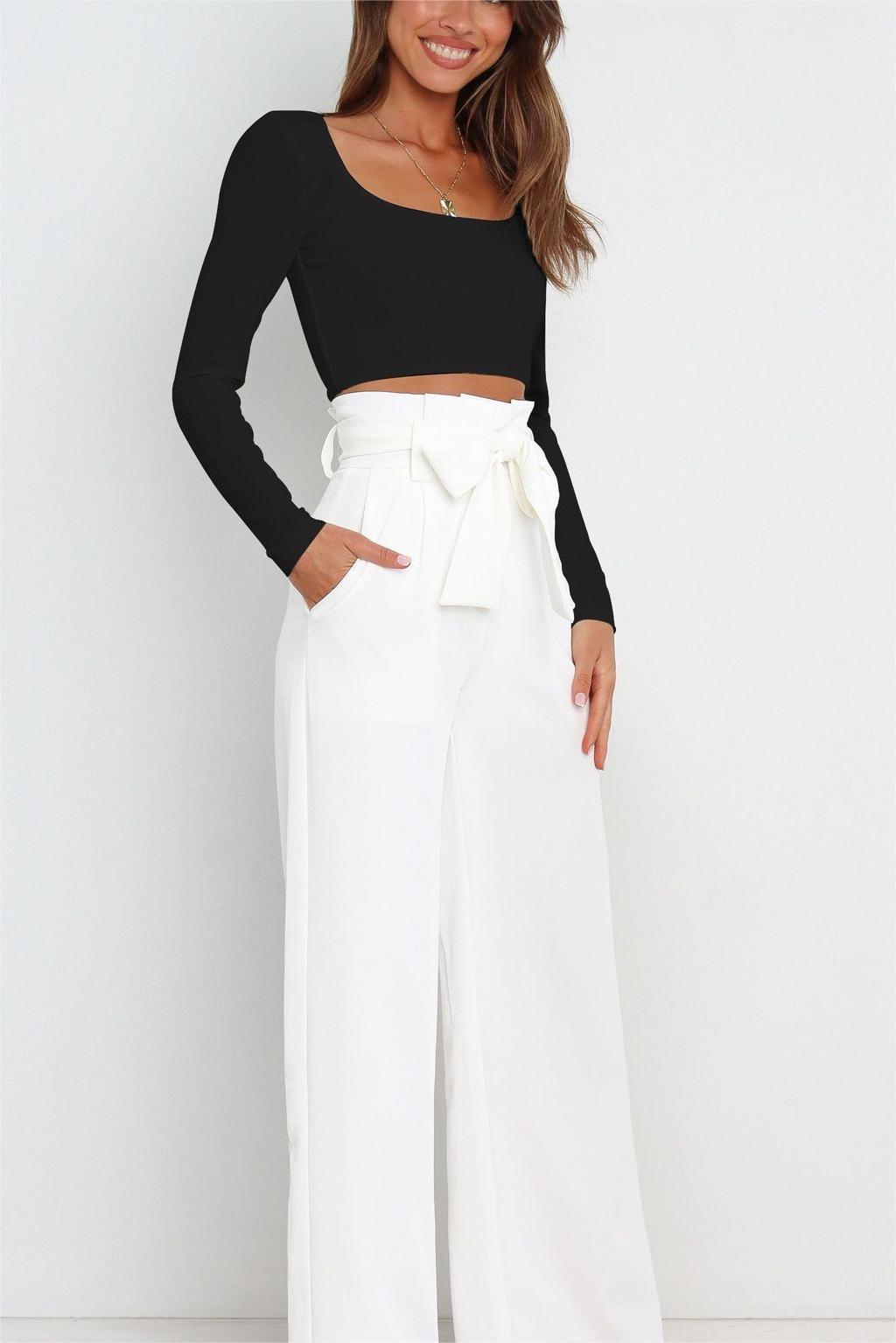 Women's wide-leg trousers with decorative tie belt NOVAE