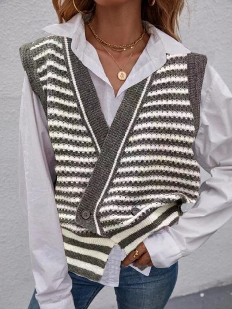 Women's knitted vest with fashionable striped pattern and double button closure NOVAE