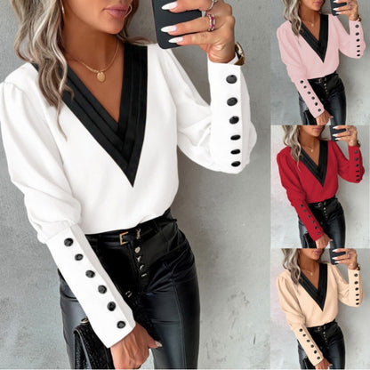 Women's blouse with V-neck and elegant puff sleeves NOVAE