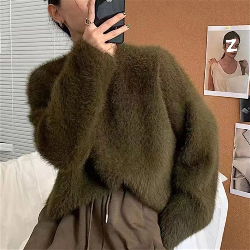 Women's fluffy sweater with a relaxed fit and high round neckline NOVAE