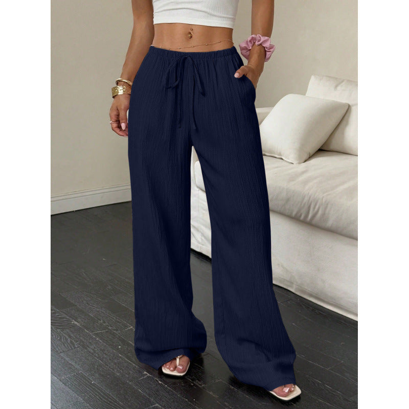 Women's casual and wide-legged leisure trousers with elasticated waistband and tie belt NOVAE