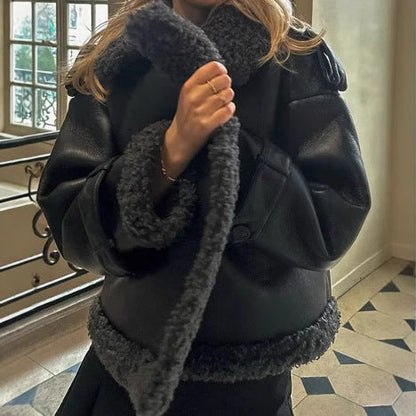 Women's faux fur jacket with stylish details and oversized cut NOVAE