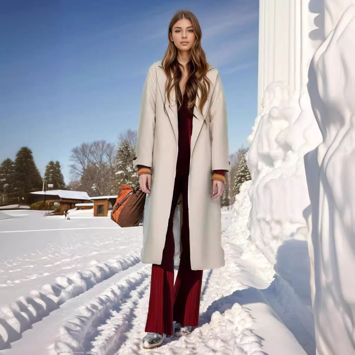 Women's stylish coat with wide collar and waist belt NOVAE