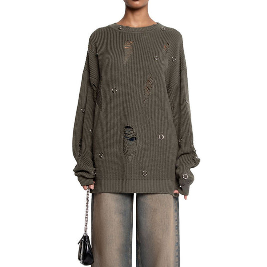 Women's casual sweater with fashionable ripped details and jewelry appliqués NOVAE