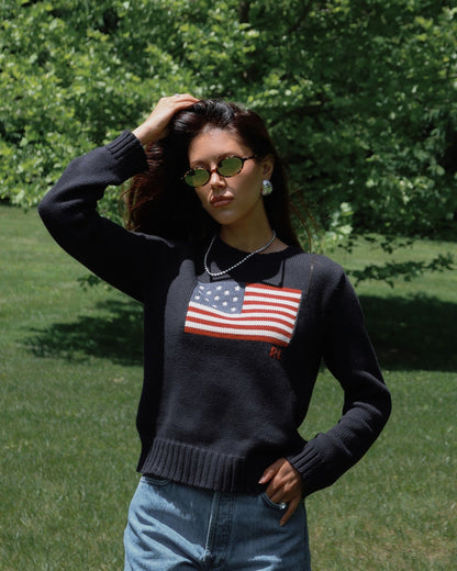 Women's fashionable sweater with USA flag appliqué NOVAE