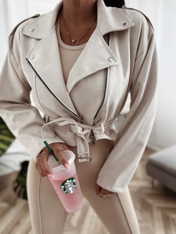 Women's Casual Biker-Style Transitional Jacket with Waist Belt NOVAE