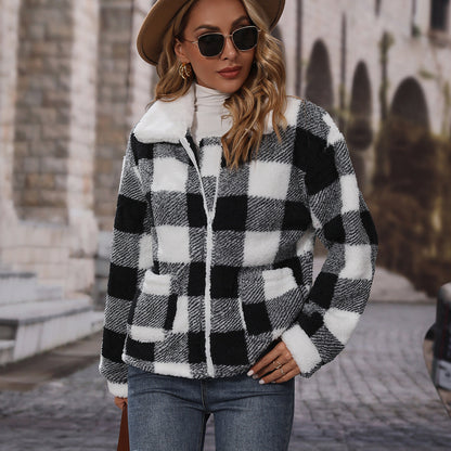 Women's Cozy Check Jacket with Asymmetrical Zipper NOVAE