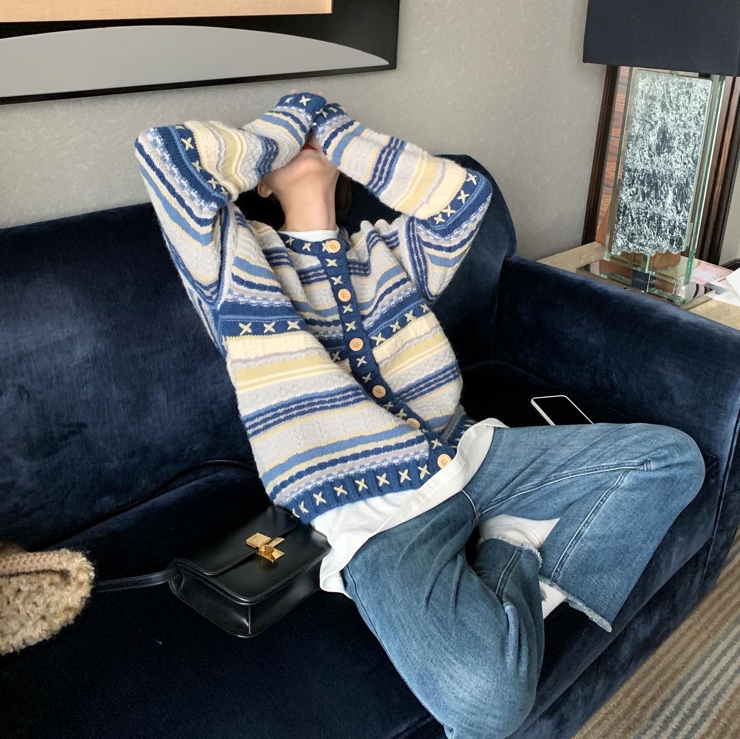 Women's cardigan with colorful striped pattern and decorative buttons NOVAE