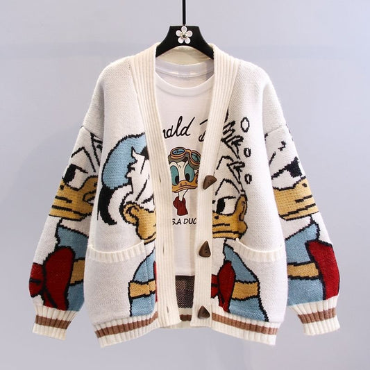 Women's Cartoon Design Cardigan with Wide Sleeves and Pockets NOVAE