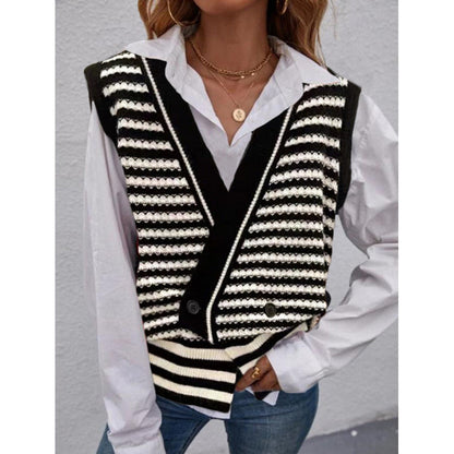 Women's knitted vest with fashionable striped pattern and double button closure NOVAE