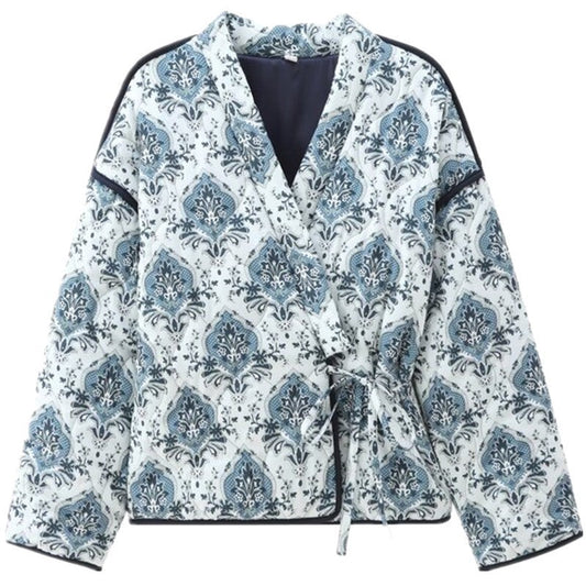 Women's elegant jacquard jacket with tie belt and luxurious pattern NOVAE