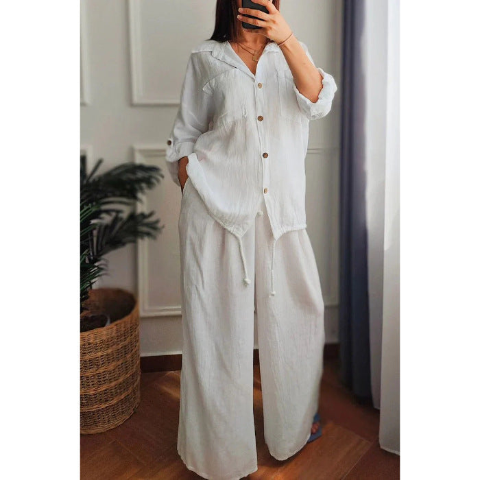 Women's linen set with wide-leg trousers and casual blouse NOVAE