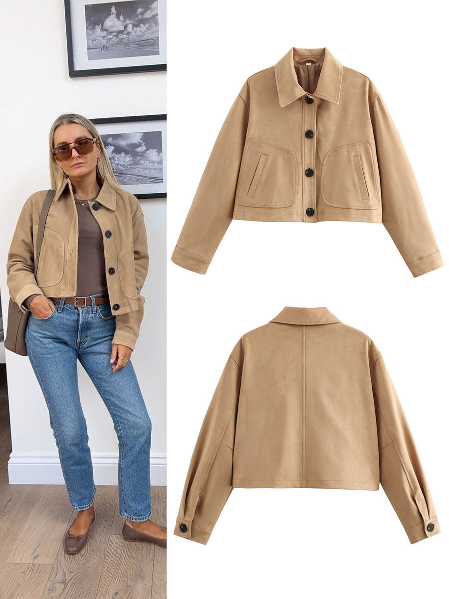 Women's cropped jacket made of high-quality imitation suede with large pockets NOVAE