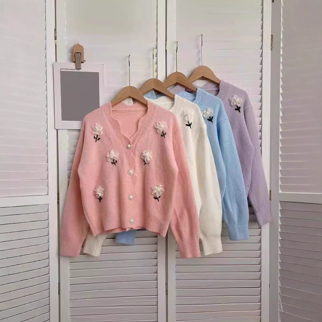 Women's cardigan with floral design and elegant pearl buttons NOVAE