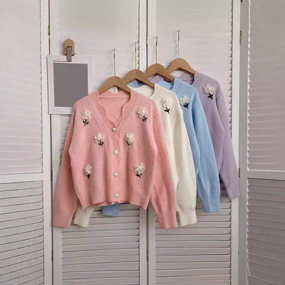 Women's cardigan with floral design and elegant pearl buttons NOVAE