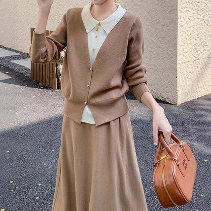 Women's knit ensemble with elegant blouse look and wide skirt NOVAE