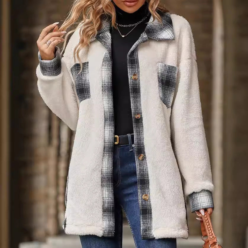 Women's fleece jacket with checked accents and practical cut NOVAE