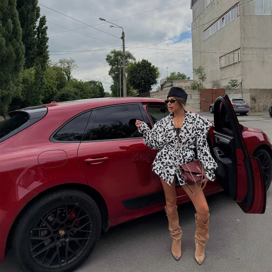 Women's classic blouse with decorative tie and fashionable spotted pattern NOVAE