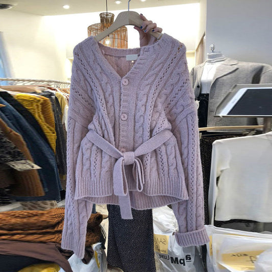 Women's cardigan with waist belt and cable knit pattern NOVAE