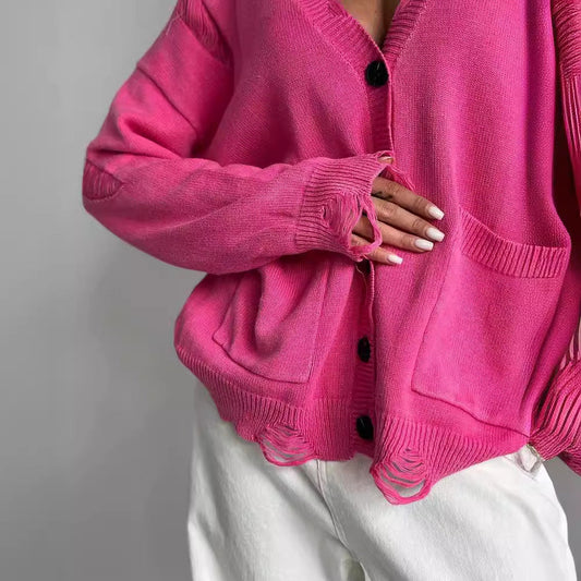 Women's casual oversized sweater with V-neck and pockets NOVAE