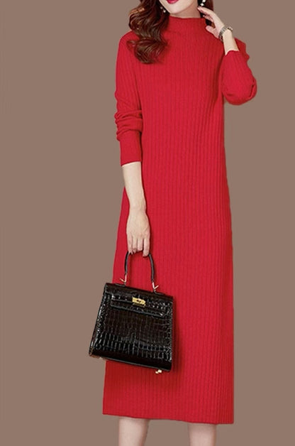 Women's knit dress with fine ribbing and high collar NOVAE