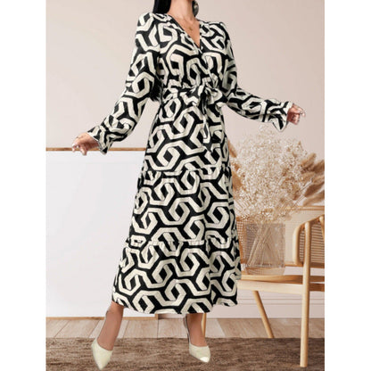 Women's maxi dress with modern geometric print and adjustable waist design NOVAE