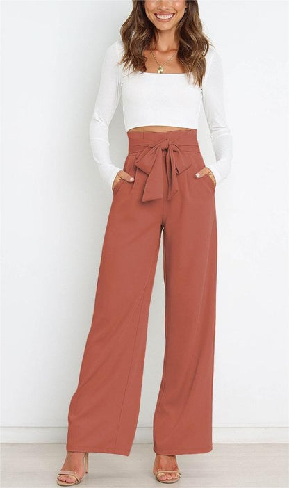 Women's wide-leg trousers with decorative tie belt NOVAE