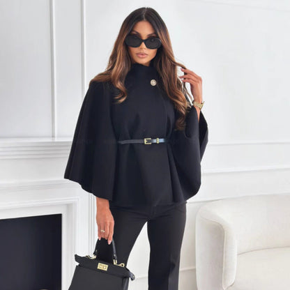 Women's elegant and fashionable cape jacket with belt made of textured fabric NOVAE