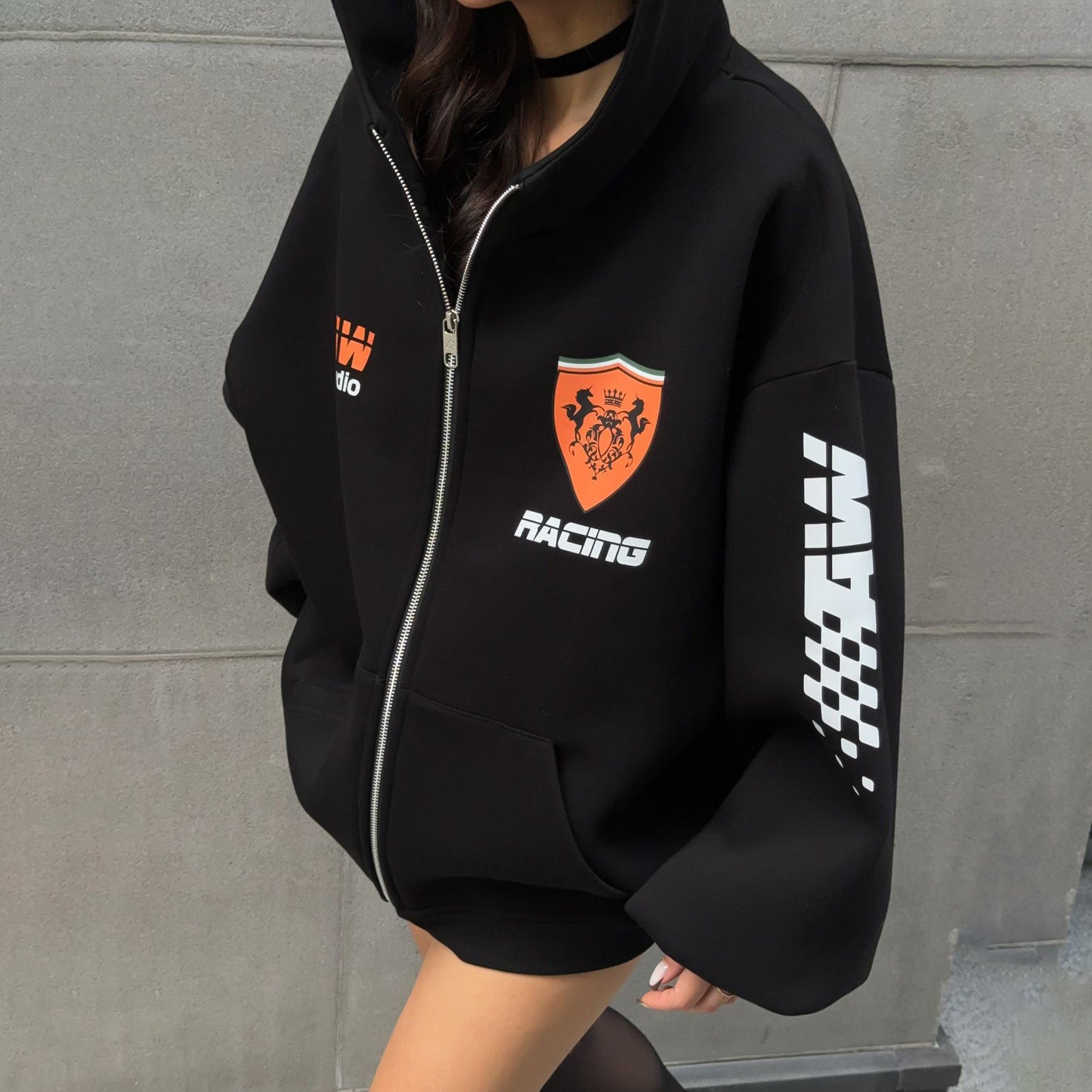 Women's oversized hooded jacket with graphic racing design NOVAE