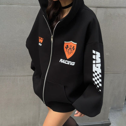 Women's oversized hooded jacket with graphic racing design NOVAE