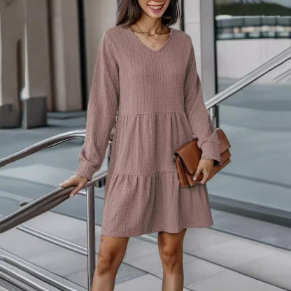 Women's casual V-neck dress with voluminous hem and long sleeves NOVAE