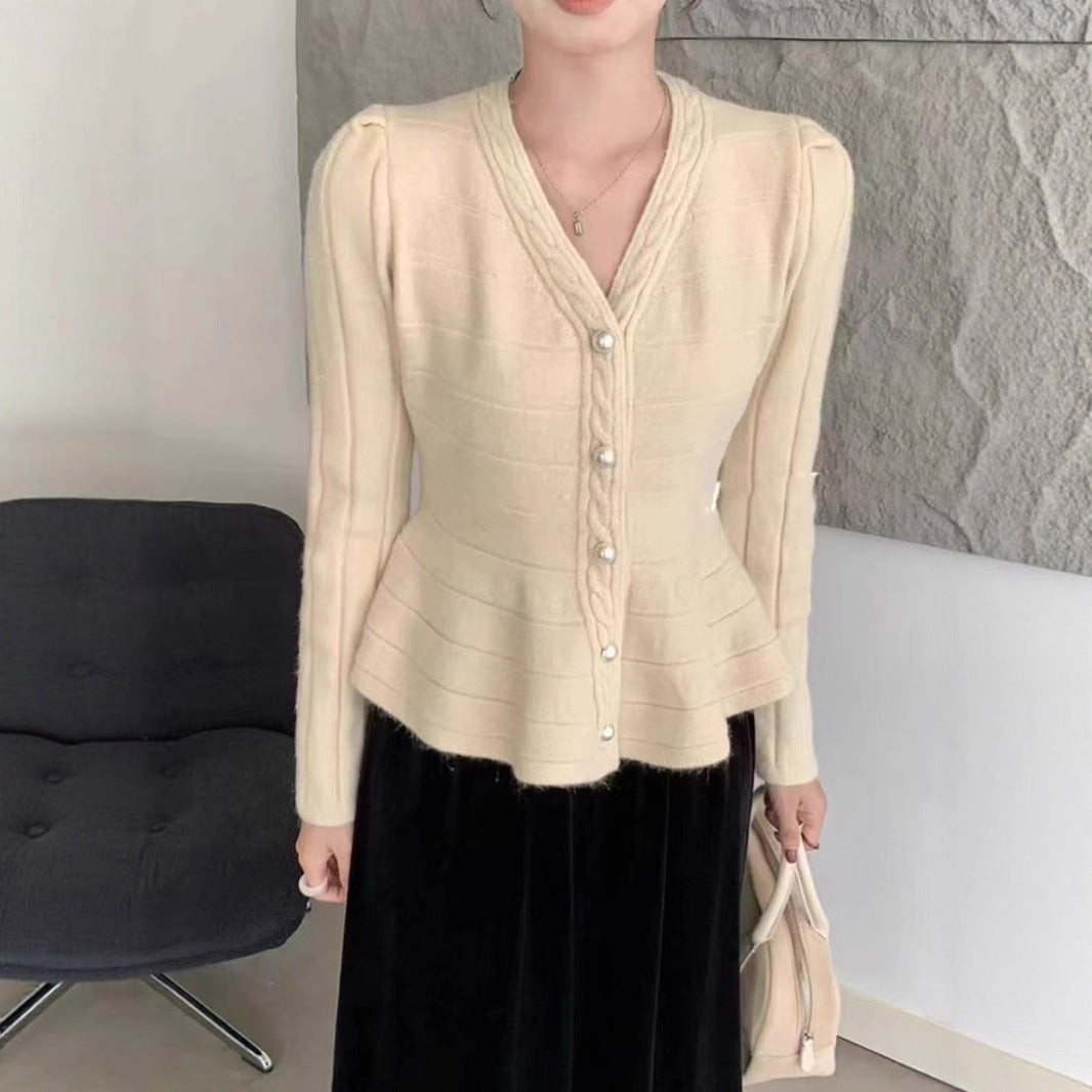 Women's elegant cardigan with structured design and feminine puff sleeves NOVAE