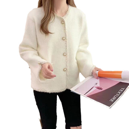 Women's bouclé jacket with elegant pearl buttons NOVAE