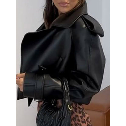 Women's Short Faux Leather Biker-Style Jacket with Textured Details NOVAE