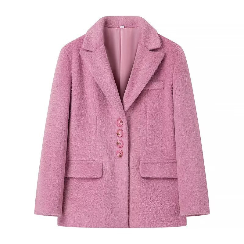 Women's elegant blazer jacket with soft fur and decorative button details NOVAE