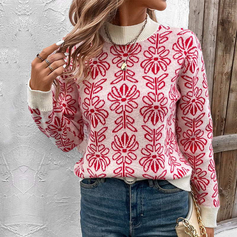 Women's knitted sweater with floral patterns and elegant stand-up collar NOVAE