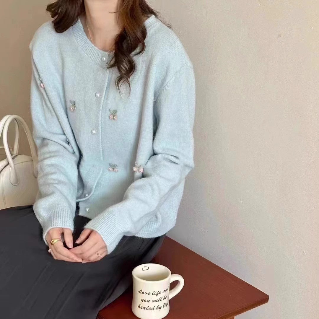 Women's cardigan with delicate pearl and flower appliqués NOVAE