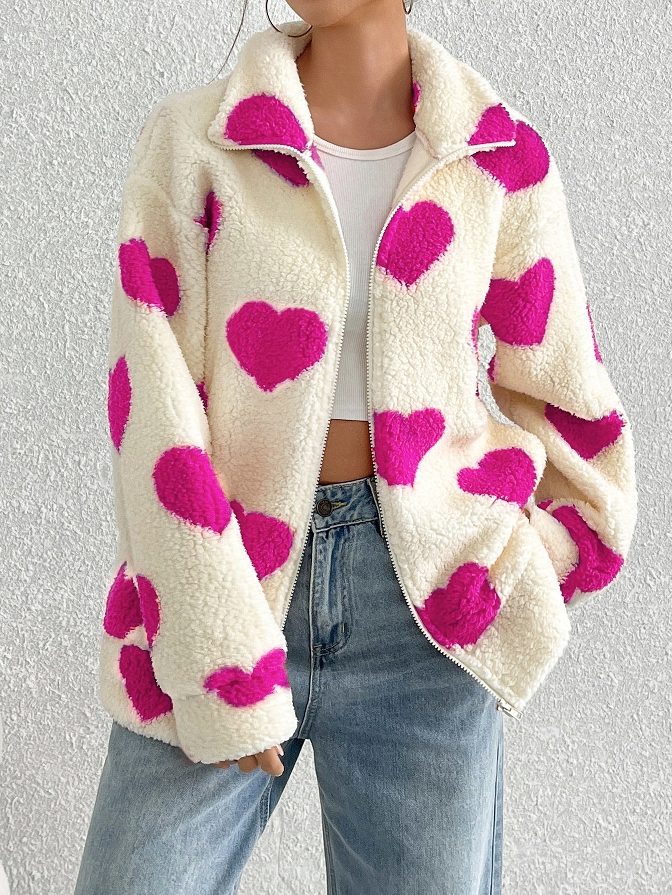 Women's Cozy Fleece Jacket with Heart Design NOVAE