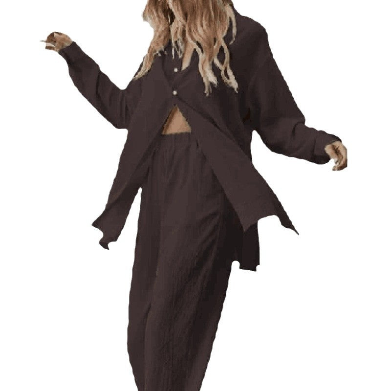 Women's Satin Pyjama Set with Long-Sleeved Blouse and Wide-Leg Trousers NOVAE